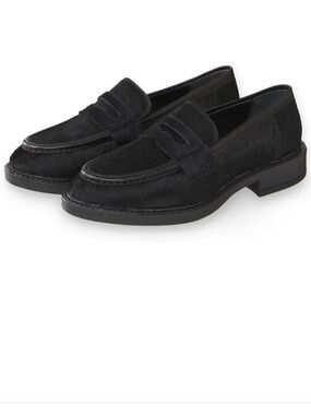 YAYA minimalist black leather pony hair slip on penny loafers EU 40
